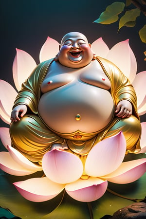 a fat laughing buddha as a real person, sitting on a giant lotus blossom, hyper-realistic face, skindentation, dramatic cinematic lighting, beautiful photorealism masterpiece