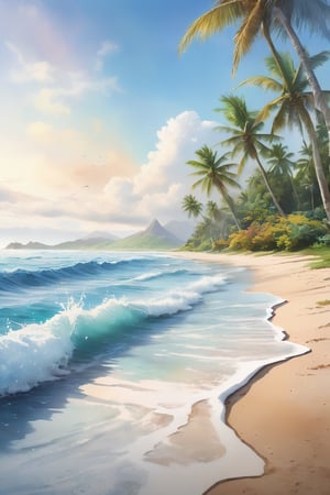 beach scene, vanishing point on white paper, utra realistic photograph portraying a subtle pacific island image, realistic details, watercolor splash art incorporated as complimentary elements, poster, 3d render, photo