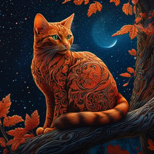 ultra highly detailed, a cinnamon cat by Archibald Thorburn, black sky, trees, forest, moon, swirling glitter, digital painting, highly detailed, filigree, intricated, intricated pose, clarity, high quality, ultra hd, realistic, vivid colors, highly detailed, UHD drawing, pen and ink, perfect composition, beautiful detailed intricate insanely detailed octane render trending on artstation, 8k artistic photography, photorealistic concept art, soft natural volumetric cinematic perfect light