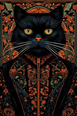 illustration of an gentleman Persian black cat, in the style of Vladimir Matyukhin art, uhd, necropunk, tapestries, wood, fancy vibes, whimsical illustrations