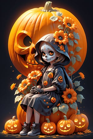 full head, flowers, masterpiece, best quality,8k,cg, 1 girl sitting on pumpkin, Halloween, dead skull face paint, the moon, small skull around.,3d style,3d