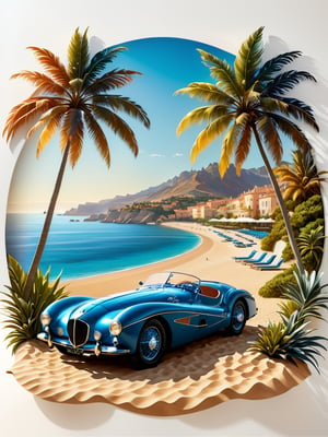 "Picture an enchanting scene where vintage design elements seamlessly blend with the natural beauty of a sunlit beach in a T-shirt graphic. Unite the timeless elegance of a Talbot-Lago T150 CSS (1938) with the serene vista of a sea view and the sandy shore, all under the radiant sun. Employ an interplay of dynamic colors and gradients to meticulously craft a photorealistic masterpiece, enclosed within a flat design framework. Infuse the artwork with vibrant, lively shades while upholding the precision of a detailed vector composition. Frame this captivating tableau against a backdrop of pristine white. The result is a composition that exudes professionalism, vibrancy, and artistic allure, celebrating the classic charm of the Talbot-Lago T150 CSS amidst the serene beauty of the beach, sea, and the sun."