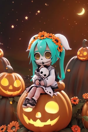 adorable, cute, flowers, masterpiece, best quality,8k,cg, 1 girl sitting on a pumpkin, Halloween, dead skull face paint, the moon, small skull around.,3d style,3d,chibi,Yae Miku
