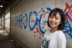asian young woman smiling  in an abandoned factory, wall with graffiti, short messy hair, intricate details, urban clothes,photorealistic