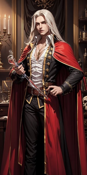 masterpiece,best quality,ultra-detailed,High detailed,picture-perfect face,man,no beard,white hair,confident,long hair,curly hair,red glowing eyes,fangs,alucardcastlevania,castlevania,infront of gothic castle,red and black vamipere attire,cape,ornate and intricate,gold trim,belt,epic pose,fantasy,inside alchemical lab,giant test tube,green liquid,skeletons,