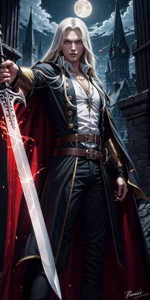 masterpiece,best quality,ultra-detailed,High detailed,picture-perfect face,man,no beard,white hair,confident,long hair,curly hair,green glowing eyes,fangs,alucardcastlevania,castlevania,red and black attire,cape,ornate and intricate,gold trim,belt,epic pose,(giant claymore sword,zweihander),fantasy,dark castle reaching for the moon,black tower,omnious,