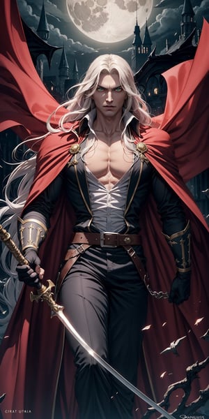 masterpiece,best quality,ultra-detailed,High detailed,picture-perfect face,man,no beard,white hair,confident,long hair,curly hair,green glowing eyes,fangs,alucardcastlevania,castlevania,red and black attire,cape,ornate and intricate,gold trim,belt,epic pose,fantasy,dark castle reaching for the moon,black tower,omnious,gripping a sabre,