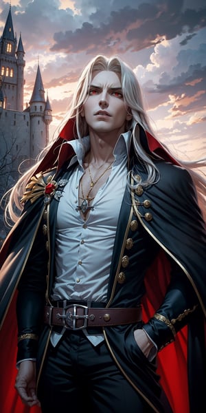 masterpiece,best quality,ultra-detailed,High detailed,picture-perfect face,man,no beard,white hair,confident,long hair,curly hair,red glowing eyes,fangs,alucardcastlevania,castlevania,infront of gothic castle,red and black vamipere attire,cape,ornate and intricate,gold trim,belt,epic pose,fantasy,silohuet of dark castle in background,dramatic look,looking up at castle on cliff,