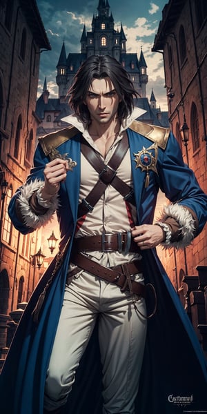 masterpiece,best quality,ultra-detailed,High detailed,picture-perfect face,man,castlevania,konami,infront of gothic castle,trevorbelmont,blue coat,belt,epic pose,fantasy,town