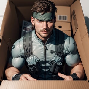masterpiece,best quality,photo realistic, picture perfect face,  headband, camoflauge jumpsuit, bulletproof vest,solid snake, grizzled, facil hair, in a cardboard box, peeking out of a cardboard box,