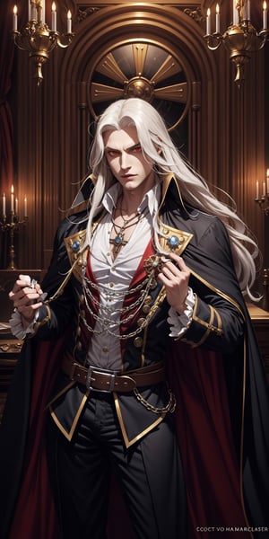 masterpiece,best quality,ultra-detailed,High detailed,picture-perfect face,man,no beard,white hair,confident,long hair,curly hair,red glowing eyes,fangs,alucardcastlevania,castlevania,infront of gothic castle,red and black vamipere attire,cape,ornate and intricate,gold trim,belt,epic pose,fantasy,steampunk,inside cloctkowe,enormous cogwheels,machinery,levers