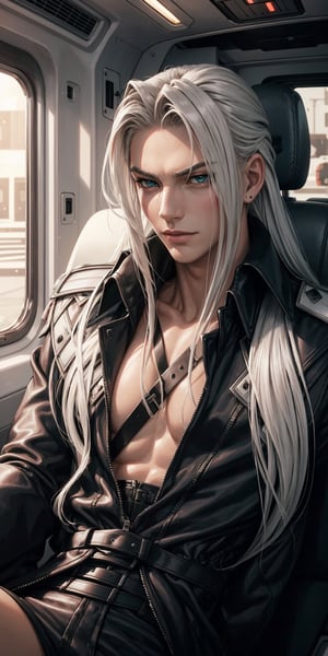 Sephiroth (Final Fantasy),confident,arrogant,picture perfect face,inside military truck,