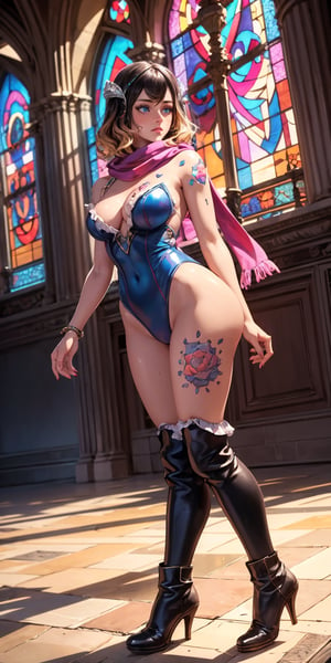 masterpiece, best quality, ultra-detailed, 8K, High detailed,  picture perfect face, blush, freckles, (colorfull), perfect female body, pink lips, polished nails, (blue eyes, iridiscent eyes), cute, charming, alluring, innocent, naive, shy,  fantasy, castle, miriam, blue leotard,frilled,boots,multicolored scarf,tattoo on ankles,determined look,beautiful castle hall,grand statue,stained glass windows,epic,