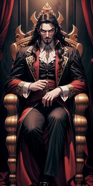 masterpiece,best quality,ultra-detailed,High detailed,picture-perfect face,man,manly,black hair,confident,arrogant,long hair,curly hair,red glowing eyes,fangs,dracula,castlevania,konami,infront of gothic castle,red and black vamiper attire,ornate and intricate,gold trim,belt,epic pose,fantasy,town,draculacastlevania
on his gothic throne,