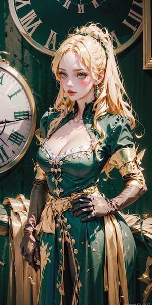 (masterpiece, best quality,high detailed), picture perfect face, blush,freckled,girl,Maria,perfect female body,slim,thicc hips, beautiful,cute,hot,sexy,lipgloss,makeup,longeyelashes, blonde hair,long hair,wavy hair,ribbon,Green eyes,sleeves,Green dress,gloves,
Fantasy,castlevania,gothic castle,beneath giant wall clock,