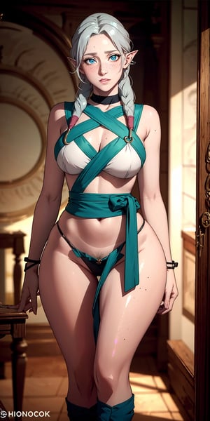 masterpiece,best quality,ultra-detailed,8K,High detailed, picture perfect face,blush,freckled,elf,Fymryn,(blue eyes,iridescent eyes),cute,charming,alluring,innocent,sexy,(grey hair),twin braid,perfect female body,slim,thicc hips,hourglass body shape,pink lips, rings,choker,circlet,green sash,sleeveless, bare shoulders,thong,pubic hair,