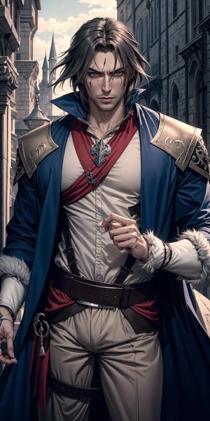 masterpiece,best quality,ultra-detailed,High detailed,picture-perfect face,man,manly,eye scar,dark hair,bandana,castlevania,konami,infront of gothic castle,trevorbelmont,blue coat,ornate and intricate,silver lining,belt,epic pose,fantasy,town