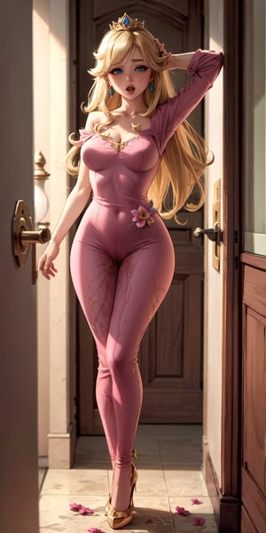 (masterpiece, best quality, ultra-detailed, 8K), blush,freckles,princess peach,blonde,crown,earrings,pink princess dress,Hourglass Body Shape, pink lips, blue eyes, perfect female body,earrings,flower kingdom hallway,hands behind head,open mouth,shy,embarrased,peeing stain,hourglass body shape,pee,peeing pants,