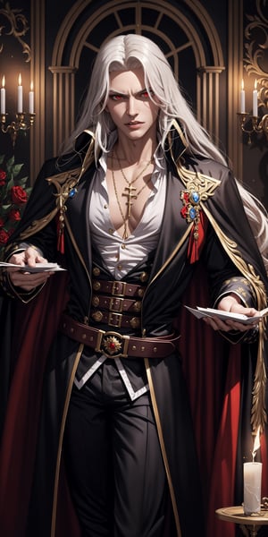 masterpiece,best quality,ultra-detailed,High detailed,picture-perfect face,man,no beard,white hair,confident,long hair,curly hair,red glowing eyes,fangs,alucardcastlevania,castlevania,konami,infront of gothic castle,red and black vamipere attire,cape,ornate and intricate,gold trim,belt,epic pose,fantasy,town,