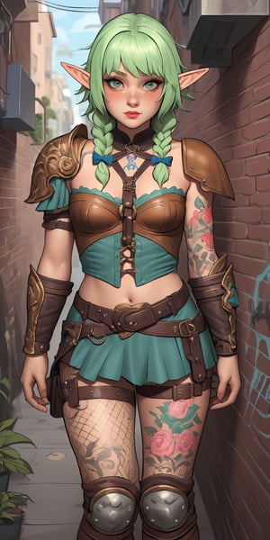 (masterpiece,best quality),High detailed,picture perfect face, blush,freckles,elf,tattoo,light green hair,cut bangs,braids,tattoo,colorful,goddess,sexy,charming,alluring,seductive,enchanting,cute,tomboy,naive,makeup,mascara,supernatural beauty,leather armor,shoulder pads,knee pads,elwbow pads, harness,belt,skirt,strapless top,fisnet leggings, fantasy,adventure,city,alley