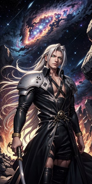 Sephiroth (Final Fantasy),arrogant,manly,confident,pov,holding masamune,extremely long katana,green glowing eyes,
on comet in space,giant seven shaped nebula background,fantasy,scifi,