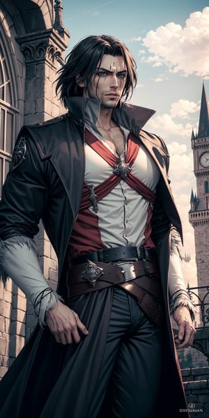 masterpiece,best quality,ultra-detailed,High detailed,picture-perfect face,man,manly,eye scar,dark hair,bandana,castlevania,konami,infront of gothic castle,trevorbelmont,blue coat,ornate and intricate,silver lining,belt,epic pose,fantasy,town