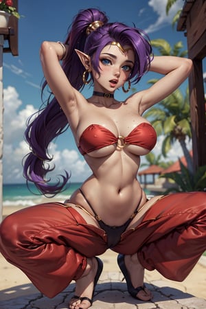 (masterpiece, best quality, ultra-detailed, 8K),High detailed, picture perfect face,blush,freckled,(dark skin),elf,perfect female body,hourglass body shape, very slim waist,very thic hips,(blue eyes,iridiscent eyes),(purple hair,ponytail),cute,sexy,alluring,charming,seductive,erotic,GAME_shantae_ownwaifu,(red o-ring top and harem pants,see-trough silk),cleavage,bare shoulders,hoop earring,bracer,tiara,fantasy,persia,long hair,open mouth,surpised,hands behind head,squatting,