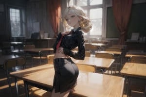 (8k), ((highest quality)), ((best quality)), (high detailed), (masterpiece, ultra-detailed), perfect anatomy, correct anatomy, perfect proportion, perfect face, perfect hands, perfect legs, perfect fingers, perfect hands, 2hands, 5fingers, (hyperrealistic:1.5), Describe a scene in a large, fancy, and classroom where a young girl with an hourglass body confidently sits on a desk. Her posture accentuates her figure, with her chest out and her back slightly arched. She wears a small white collared shirt with a blue tie that hugs her curves, emphasizing her chest and waist. The short black skirt clings to her hips, subtly highlighting her butt sticking out. Her long platinum gold hair cascades down her back, enhancing her allure. The light bouncing off the desks adds a touch of radiance to the scene.

Camera: Nikon D850, aperture f/2.8, shutter speed 1/250, ISO 200. Film: Kodak Portra 400. 