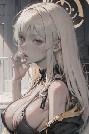 (masterpiece, best quality), 1girl, solo, big breast, fully body, platinum blonde, long hair, emotionless, red eyes, very long hair, highly intricate details, realistic light,