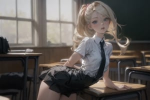 (8k), ((highest quality)), ((best quality)), (high detailed), (masterpiece, ultra-detailed), perfect anatomy, correct anatomy, perfect proportion, perfect face, perfect hands, perfect legs, perfect fingers, perfect hands, 2hands, 5fingers, (hyperrealistic:1.5), Describe a scene in a large, fancy, and classroom where a young girl with an hourglass body confidently sits on a desk. Her posture accentuates her figure, with her chest out and her back slightly arched. She wears a small white collared shirt with a blue tie that hugs her curves, emphasizing her chest and waist. The short black skirt clings to her hips, subtly highlighting her butt sticking out. Her long platinum gold hair cascades down her back, enhancing her allure. The light bouncing off the desks adds a touch of radiance to the scene.

shot in Camera: Nikon D850, aperture f/2.8, shutter speed 1/250, ISO 200. Film: Kodak Portra 400.