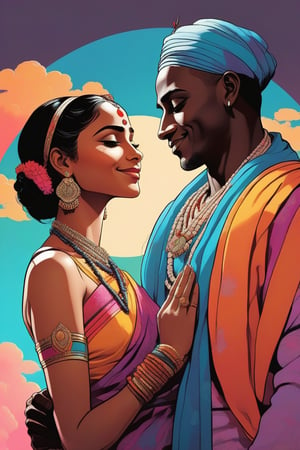 Portrait, Bright saturated colors, indian features, Black male and female couple, Norman Rockwell style, Vibrant color scheme, Nanette Fluhr, Caricatural, Matte tones, don maitz, minimalist masterpiece, Digital art anime, Flat illustration, elegant lines and shading, dark pastels, color gradient,vaporwave style, lord Krishna, Goddess radha, holding hands each other, smiling