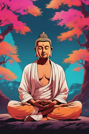 Portrait, Bright saturated colors, indian god features, male, natural skin colour, Norman Rockwell style, Vibrant color scheme, Nanette Fluhr, Caricatural, Matte tones, don maitz, minimalist masterpiece, Digital art anime, Flat illustration, elegant lines and shading, dark pastels, color gradient, vaporwave style, lord Buddha, sitting under tree, Indian yogi, eyes closed, meditation 