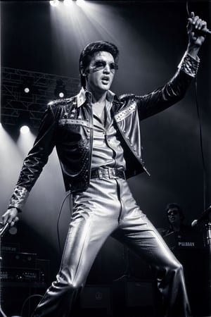 Elvis Presley, electrifying the stage in the '70s, iconic jumpsuit and shades, pulsating concert ambiance, dynamic stage lighting, vintage monochrome photography, legendary 8K quality