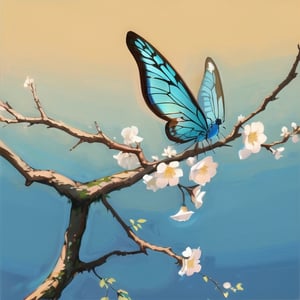(((masterpiece))), ((beautiful)), (painting), ((high quality)), (((no human))), white tree branches, white branches, close up, white flowers, blue butterfly Blue Morpho Butterfly, ((insect)), resting on a branch, solo, (simple background, gold background), flat art, flat_art