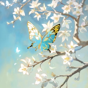 Simple gold background, white tree branches, white branches, close up, white flowers, blue butterfly, (((masterpiece))), ((beautiful)), (painting),