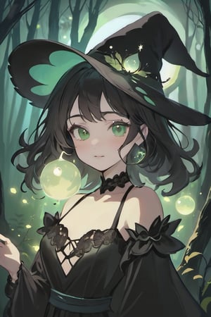 1girl,  waist-up portrait,  human skin colour, :((((close up,  adult face adult body,  mature,  )))),  ((smirk,  shoulder-lenght fluffy curly hair,  )),  (curly hair,  black witch oversized hat),  ((half body,  goddess,  immortal)),  (((,  mythical forest,  midnight,  lake,  glowing bugs,  fireflies,  glowing tree leaves,  open arm pose))),  ((wearing elegant (black) with intricate lace details,  laced dress,  laced shoulder)),  ((fair black hair,  gradient green-cyan ombre,  fair light Ocean blue eyeliner)),  ((5'9 feet,  beautiful figure)),  ((balcony,  cave,  holloween,  jack-o'-lantern,  holloween decoration,  )),  ((looking at the moon)),  ((flawless face,  Gorgeous,  glowing eyes,  perfect body,  SFW)),  medium bangs,  high-resolution,  highly detailed,  lighting,  centered, ,High detailed 