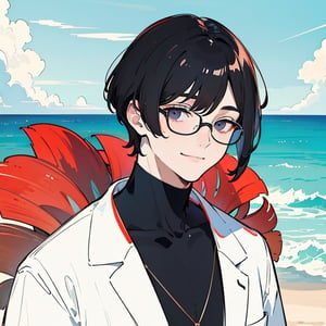 (1boy, detailed), (super_ close_up), very_short_hair, looking_at_viewer, facing_viewer, short hair, boy, anime, cool color palette,flat color, 6'2,mature close_up, man, highschool, smile, sideburns, white_jacket, black_turtle_neck_shirt, black_hair, flowing_hair, red_ombre, blunt_bangs, black_eyes, off_shoulders, simple_background, black_frame_spectacles, beach_bg, bg_people, crowd, ocean, watercolor,line anime