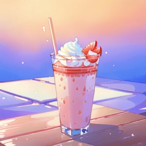 Hurricane stylish long glass, closer up, strawberry smoothie for gods, (fruits smoothie, on a polished wooden table, wipped cream, thick white straw), smooth,High detailed, sugary water, ((gradient)), (((masterpiece))), ((glowing cream)),1 girl