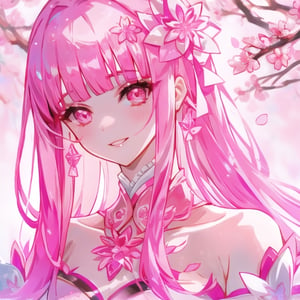 Sakura tree, pink, decoration, glowing, eyeliner, 1girl, knowing smirk, glossy lips, Blunt Bangs, pink theme, sakura, sexy, 1 girl