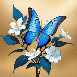 (((masterpiece))), ((beautiful)), (painting), ((high quality)), (((no human))), white tree branches, ((white branches)), close up, white flowers, perfect blue butterfly, blue Morpho Butterfly, ((insect)), resting on a branch, solo, (simple background, (gold background)), flat art, flat_art,watercolor,watercolor \(medium\)