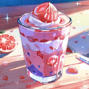 Hurricane glass, closer up, strawberry smoothie for gods, fruits smoothie, on a polished wooden table, wipped cream, thick white straw, smooth,High detailed ,1 girl