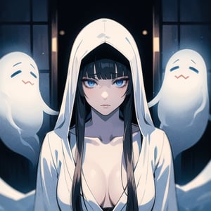 Solo, dominant pose, (shouji door), expressionless, thin hoodie, gorgeous, sexy, breasts ,cleveage, cold, ghost, peice of white cloth overhead, gorgeous, 6'2, evil, milf, black hair, blunt bangs, flowing hair, fair skin, white kimono, clevage, blue eyes and lips, upper body, body facing viewers, (Women waiting out the door), facing the viewer, Japanese hut, background blizzard storm, ((gloomy, night, dark night, dim lighting, lamp light )), shouji, male_pov,ghost costume