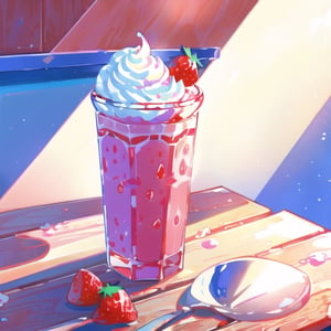 Hurricane glass, closer up, strawberry smoothie for gods, (fruits smoothie, on a polished wooden table, wipped cream, thick white straw), smooth,High detailed ,1 girl
