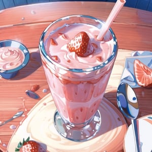 Hurricane glass, closer up, strawberry smoothie for gods, fruits smoothie, on a polished wooden table, wipped cream, thick white straw, smooth,High detailed 