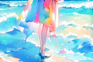 no_human, panoramic, shore, beach_bg, bg_people, crowd, ocean, watercolor,line anime,watercolor,coloured glaze,1 girl