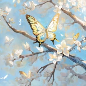 Simple gold background, white tree branches, white branches, close up, white flowers, blue butterfly, (((masterpiece))), ((beautiful)), (painting),