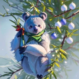 koala bear climing a Christmas tree, extreme detail, great realism, Miki Asai Macro photography, close-up, hyper detailed, trending on artstation, sharp focus, studio photo, intricate details, highly detailed, THM style