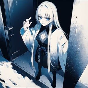 solo, blizzard storm, gloomy settings, (from above), ((standing on the door step)), (dark night:1.4), upper body, centered, look at the viewers, Yuki onna, black falling hair, messy hair, blunt bangs, (blue lips blue eyes, white eyelashes), Era 1700s (Hut on mountain, standing on a door step of a hut, male_pov:1),Milf,