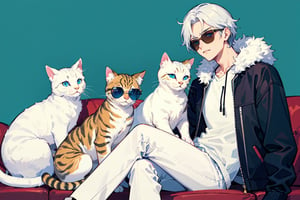A fluffy white cat wear oversized sunglasses, masculine, 1cat, highly detailed blue eyes, with others cat gang, group, on couch vibrant background, 