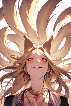 Upper body, milf, gorgeous, beautiful, adult, tall, slender, kitsune, nine tails, 9 tails, looking_upward, looking_at_viewer, looking_up, (yandere), grinning, blush, smirk, confident, nonchalant, rich, jewelries, accessories, jawlines,